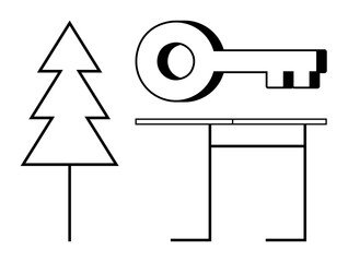 Triangular tree outline, oversized vintage key, and table with linear design. Ideal for nature, security, minimalism, symbolism, creativity abstraction and sustainability. A simple flat metaphor