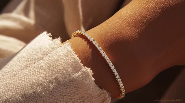 Close-up view of a gold tennis bracelet adorned with diamonds worn on a wrist with warm lighting and textured fabric sleeve visible in soft focus