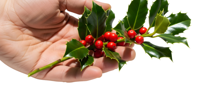 A hand gently presents a vibrant sprig of classic holly, adorned with bright red berries and glossy green leaves, symbolizing festive cheer and winter traditions against a clean white backdrop