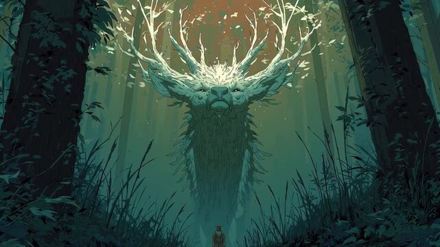 Surreal illustration of a mythical deer-like spirit with luminous antlers floating above forest path as lone figure stands beneath in moody greenish light