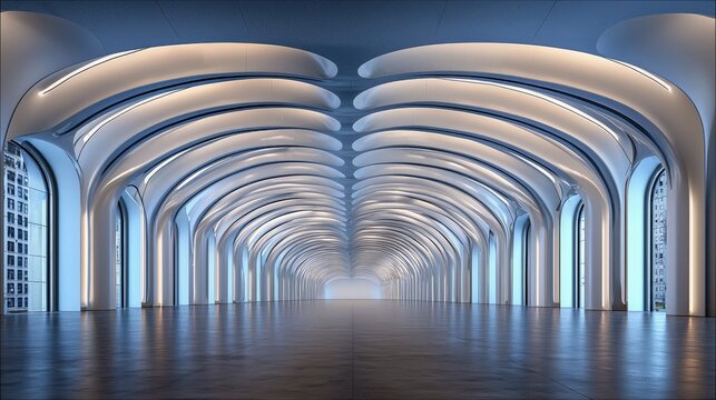 An empty, futuristic architectural corridor with a repeating pattern of arches and soft, ambient lighting. The floor is reflective.
