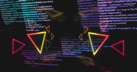 Glowing central neon triangle cluster overlapping with code on black digital space, showing streaks