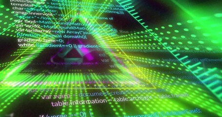 Fototapeta premium Pulsing neon green triangular light forming tunnel in virtual HUD, with overlaid code, grid, ruler