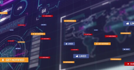 Showing analytics UI panels on dark dashboard, featuring gauge, waveform, map, GET NOTIFIED, LIKED
