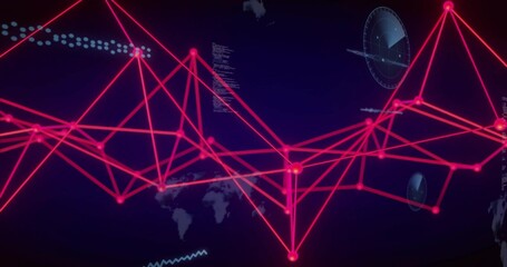 Displaying neon-pink network centered on dashboard, showing glowing nodes, connecting lines, HUD
