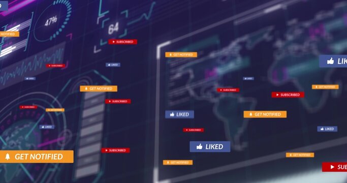 Showing analytics UI panels on dark dashboard, featuring gauge, waveform, map, GET NOTIFIED, LIKED