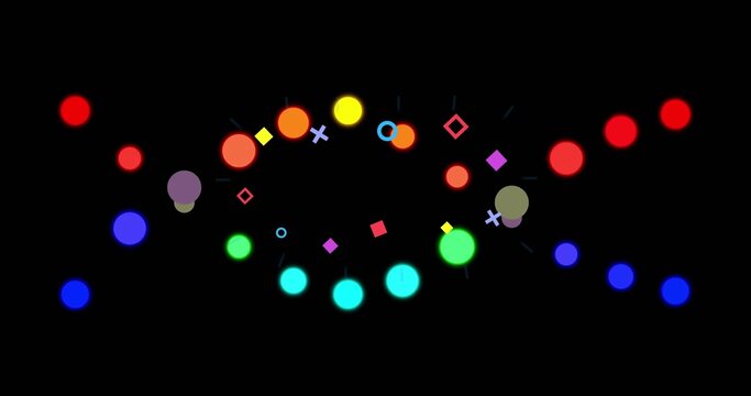 Forming centered band of glowing multicolor disks, rings, squares, diamonds, crosses on black field