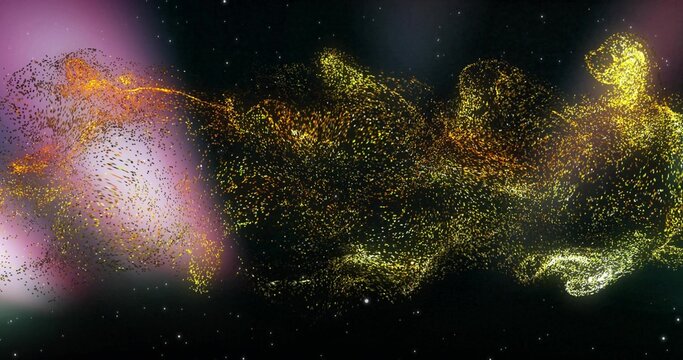 Naklejki Flowing golden particle stream waving across dark starfield, showing orange clusters, pink glow
