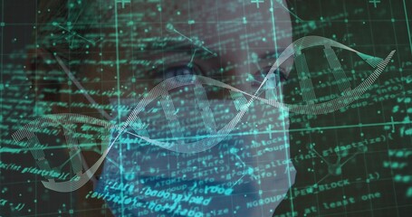 Showing dotted DNA helix running across data lab grid with code and nodes, blurred suit silhouette