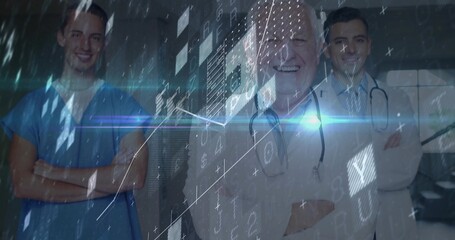 Standing three doctors in white coats and blue scrubs in clinic, stethoscopes and digital overlay