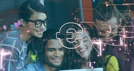 Leaning team gathering around laptop at office with sticky notes, AR overlay, denim jacket, glasses