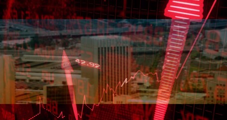 Fototapeta premium Displaying red market chart overlaying midrise rooftops, showing bars, line graph, grid and arrow