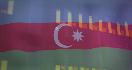 Obraz premium Displaying bar charts over Azerbaijan flag on screen with crescent and eight-point star, gridlines