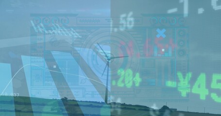 Blending digital overlay with rolling fields from low view showing central clock ¥45 readouts