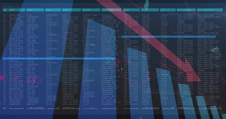 Displaying dashboard showing tabular data on blue background with IPs, rising bars and red arrow