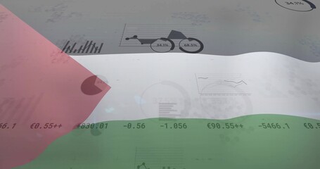 Displaying translucent tricolor flag overlaying data panel, pie, line, bar charts, € numbers