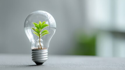 Eco light bulb gray blurred background, concept of renewable energy saving and environmental sustainability