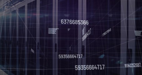Displaying central server racks showing glass doors and floating numbers in data center, blue LEDs