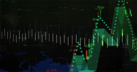 Showing large green dotted mesh chart on dark screen, featuring candlestick markers and waveform