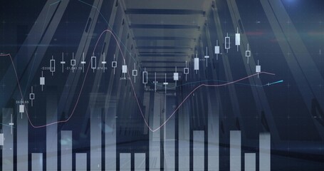 Fototapeta premium Projecting financial charts across modern corridor, featuring faint candlestick, histogram, beams