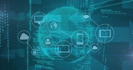 Displaying central dotted globe and connected node icons in 3D dashboard, showing code streams