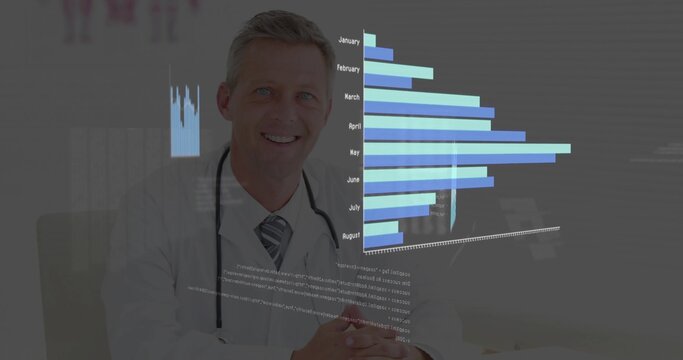 Smiling doctor wearing white lab coat and stethoscope sitting at clinic desk, showing bar charts