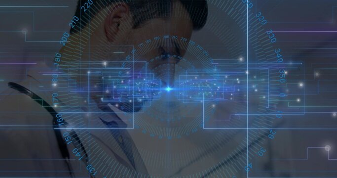 Analyzing male doctor in lab coat shirt-tie stethoscope reading holo UI at clinic, copy space