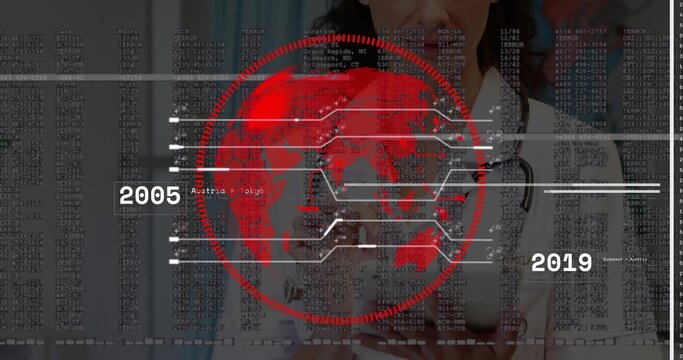 Standing doctor wearing white coat, stethoscope, in clinic data display with red globe 2005 2019