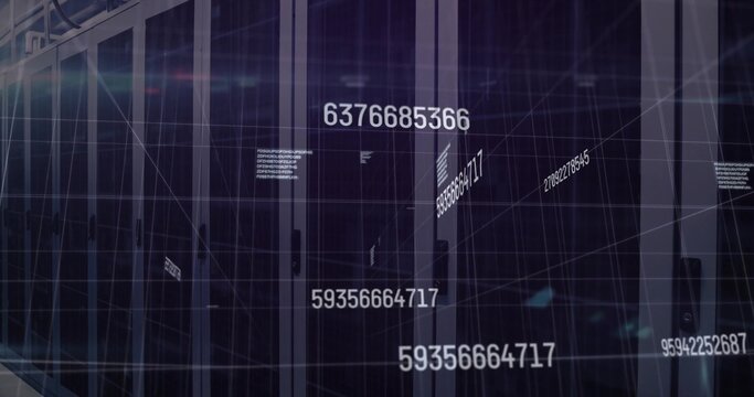 Displaying central server racks showing glass doors and floating numbers in data center, blue LEDs