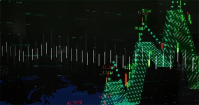 Showing large green dotted mesh chart on dark screen, featuring candlestick markers and waveform - Powered by Adobe