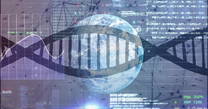 Displaying DNA double helix and globe stretching across data dashboard, with ticker and charts