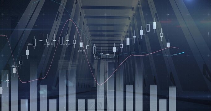 Projecting financial charts across modern corridor, featuring faint candlestick, histogram, beams