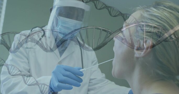 Collecting clinician in white lab coat inserting sterile swab into patient at clinic, DNA overlay - Powered by Adobe