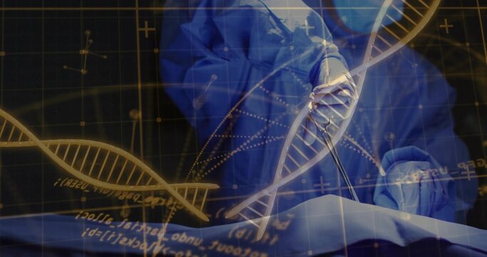 Leaning female surgeon operating with forceps in OR, wearing blue gown and gloves, DNA overlay