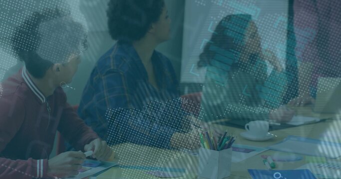 Collaborating five colleagues discussing project at meeting table, with laptop and whiteboard - Powered by Adobe