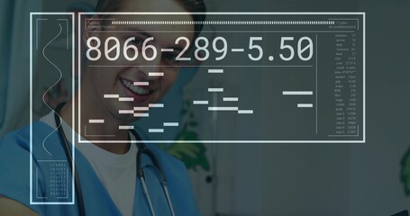 Smiling medical professional in blue scrubs and stethoscope in clinic, HUD showing 8066-289-5
