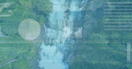 Fototapeta premium Showing tall waterfall centered in forested gorge, flowing with HUD grid markers
