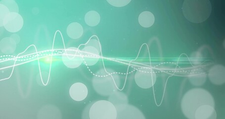 Displaying centered waveform flowing across digital backdrop, with glowing line, bokeh, lens flare