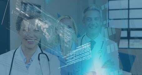 Standing medical team presenting data in clinic, with hologram, lab coats, scrubs, stethoscopes