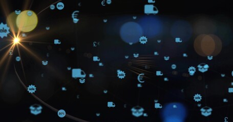 Glowing blue truck, box, currency and sale icons moving over dark digital space with lens-flare