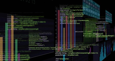 Displaying central multicolored bar charts floating in 3D dashboard, with overlaid code snippets