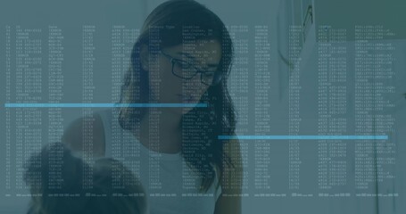Reviewing woman wearing glasses white tank top at office, data overlay with blue bars, sticky notes