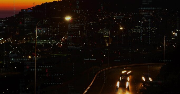 Curving highway carrying cars producing headlight trails in coastal city lamps at dusk, copy space - Powered by Adobe