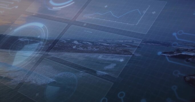 Displaying aerial coastal seascape blending light HUD elements data panels grid over ocean rocks - Powered by Adobe