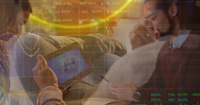 Reviewing 3-person team dressed casually studying tablet in lounge with phone and data overlays