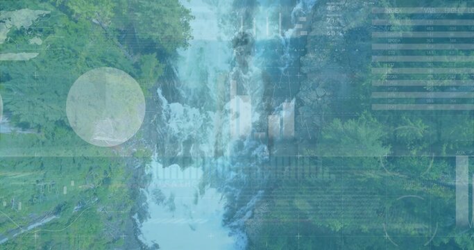 Showing tall waterfall centered in forested gorge, flowing with HUD grid markers