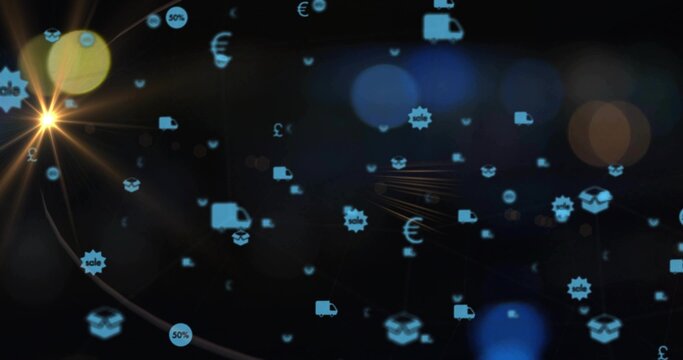 Glowing blue truck, box, currency and sale icons moving over dark digital space with lens-flare