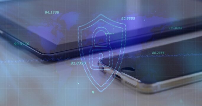 Displaying two smartphones lying on tabletop, projecting holographic shield padlock and world map