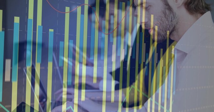 Showing data dashboard overlaying team in office, with laptops, bar or line charts, team in dark top - Powered by Adobe