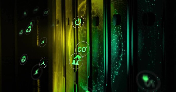 Glowing vertical rack panels displaying floating energy icons in data center, with green particles